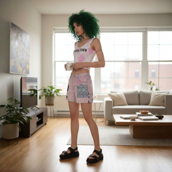 Pink & White Argyle Crop Tank Top Sleeveless Knit Diamond Pattern Streetwear L - Picture 4 of 4